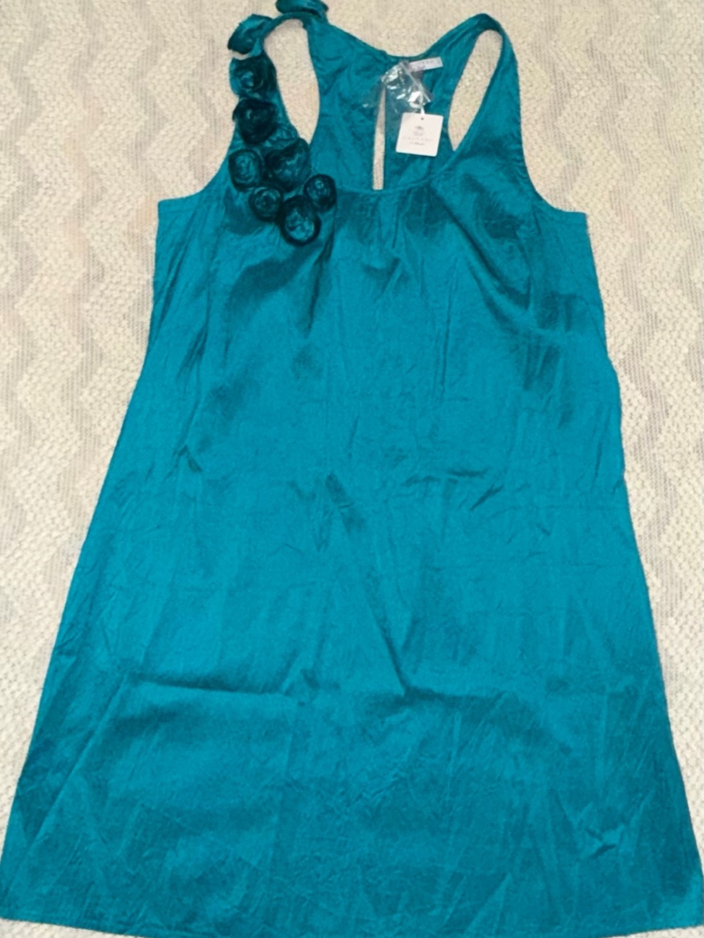 Calypso St. Barth Women's 100% Silk Crinkle Rosette T-Back Dress Teal M NWT